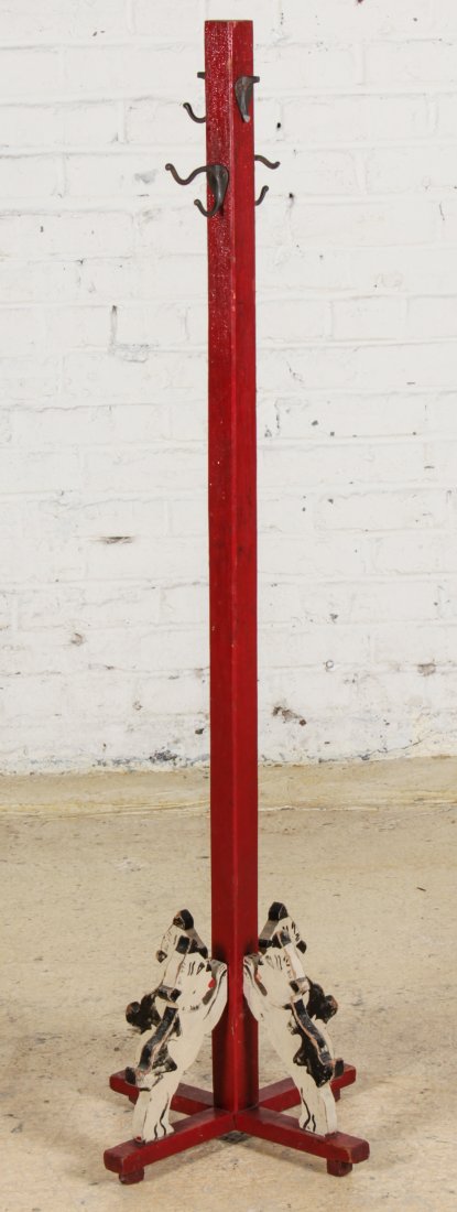 Vintage Child's Coat Tree Circa 1940's: Vintage Child's Coat Rack Circa 1940's. Child's height painted wooden column with playful cat motif at base.
