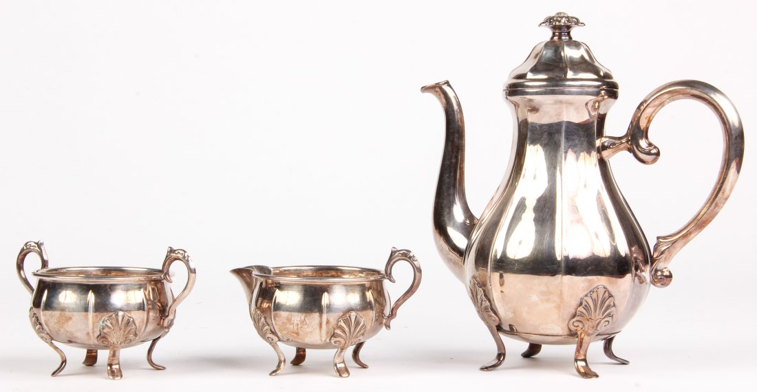 Three Piece Nickel Silver Tea Set: Three Piece Nickel Silver Tea Set. Teapot, Creamer & Sugar. Marked PB 60 Gram Alpacca. Size: teapot 10" x 10" x 4".