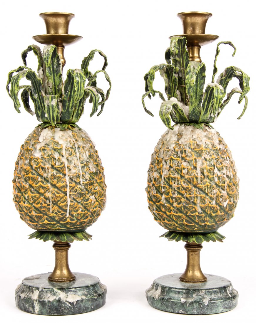 Pair of Cold Painted Pineapple Candle Stands: Pair of Cold Painted Pineapple Candle Stands. Solid brass, cold painted forms on marble bases. Size: 11" x 4" x 4".