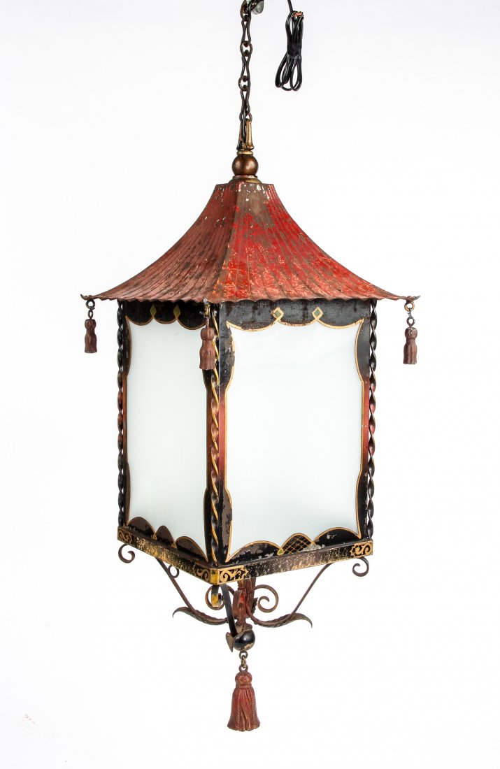 Tole Painted Japanese Pagoda Form Hall Lantern: Tole Painted Japanese Pagoda Form Hall Lantern. Size: 31" x 14" x 14".