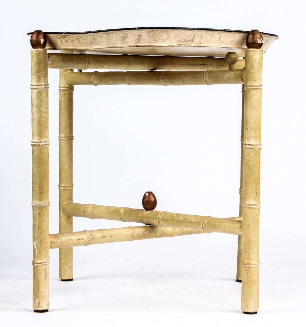 Italian Tole Painted Tray on Folding Stand: Italian Tole Painted Tray on Folding Stand. Classical design painted tray over faux bamboo folding tray. Size: 21" x 20" x 20".