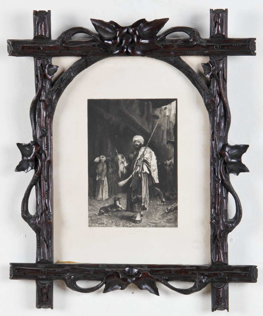 Black Forest Carved Wood Frame, Moorish Motif: Black Forest Carved Wood Frame. Moorish Motif. Size: 10.75" x 9" , 28 x 23 cm (Sight); 21.75" x 18" , 56 x 46 cm (Frame).