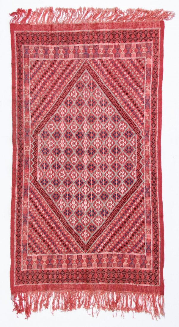 Vintage Tunisian Flatweave: Vintage Tunisian Flatweave, kilim with brocade. Size: 43" x 87".
