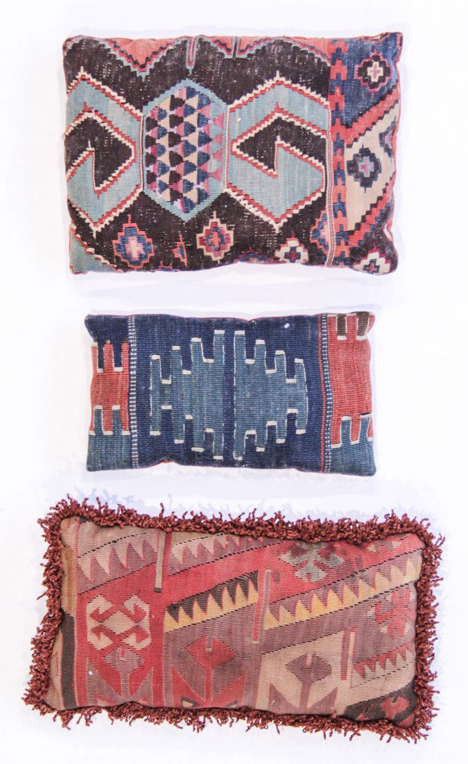 Three Turkish Kilim Pillows: Decorator's Lot of Three Antique Kilim Pillows. Size: 12" x 17" (largest).