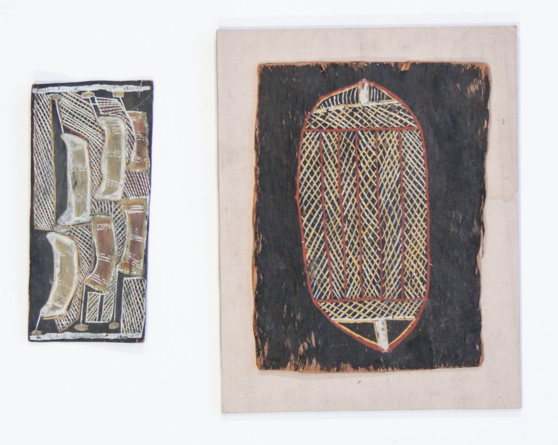Two Australian Aboriginal Bark Paintings: Two Australian Aboriginal Bark Paintings. Size: 15" x 11" sight, 18" x 14" mat.