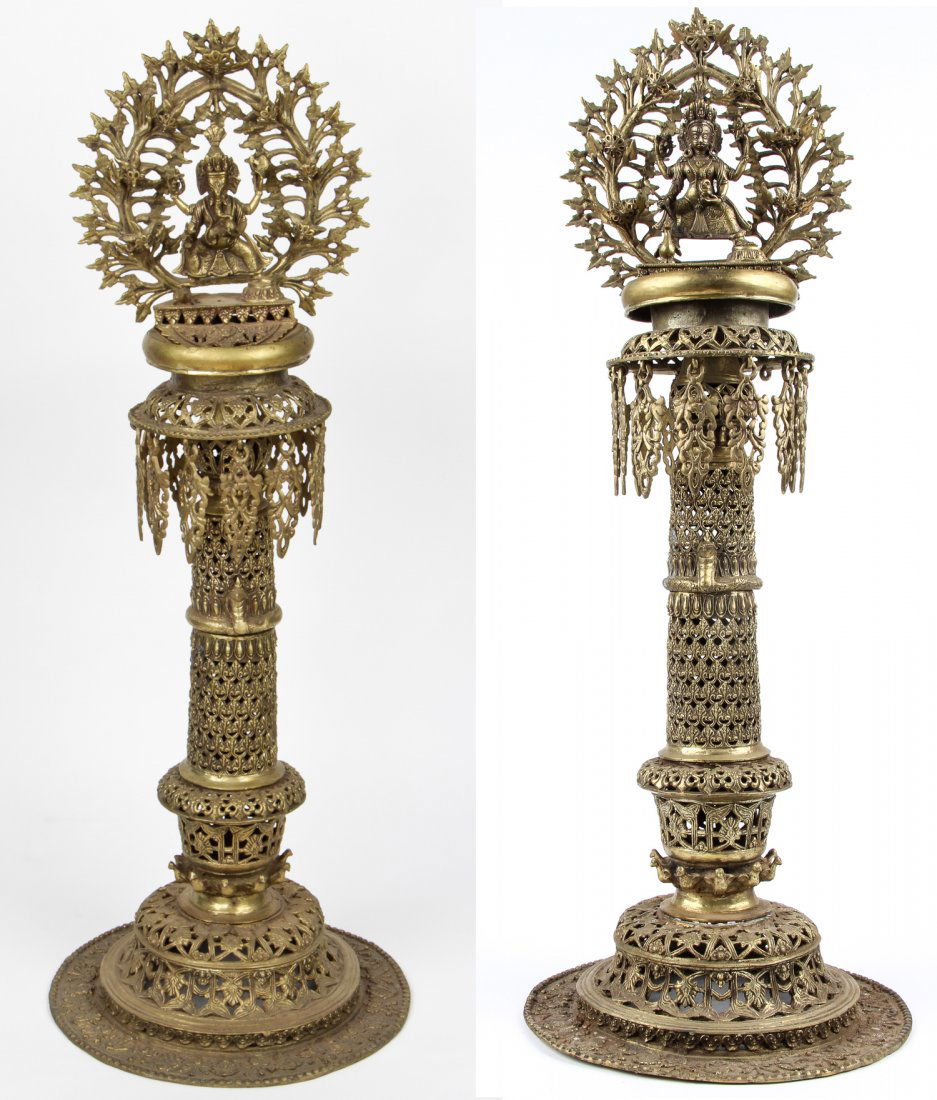 Two Large Tibetan Brass Buddhist Altars: Two Large Tibetan Brass Buddhist Altars, 20th c. Largest Size: 42" x 12" x 16" (107 x 30 x 41 cm). Provenance: private Montreal collection.