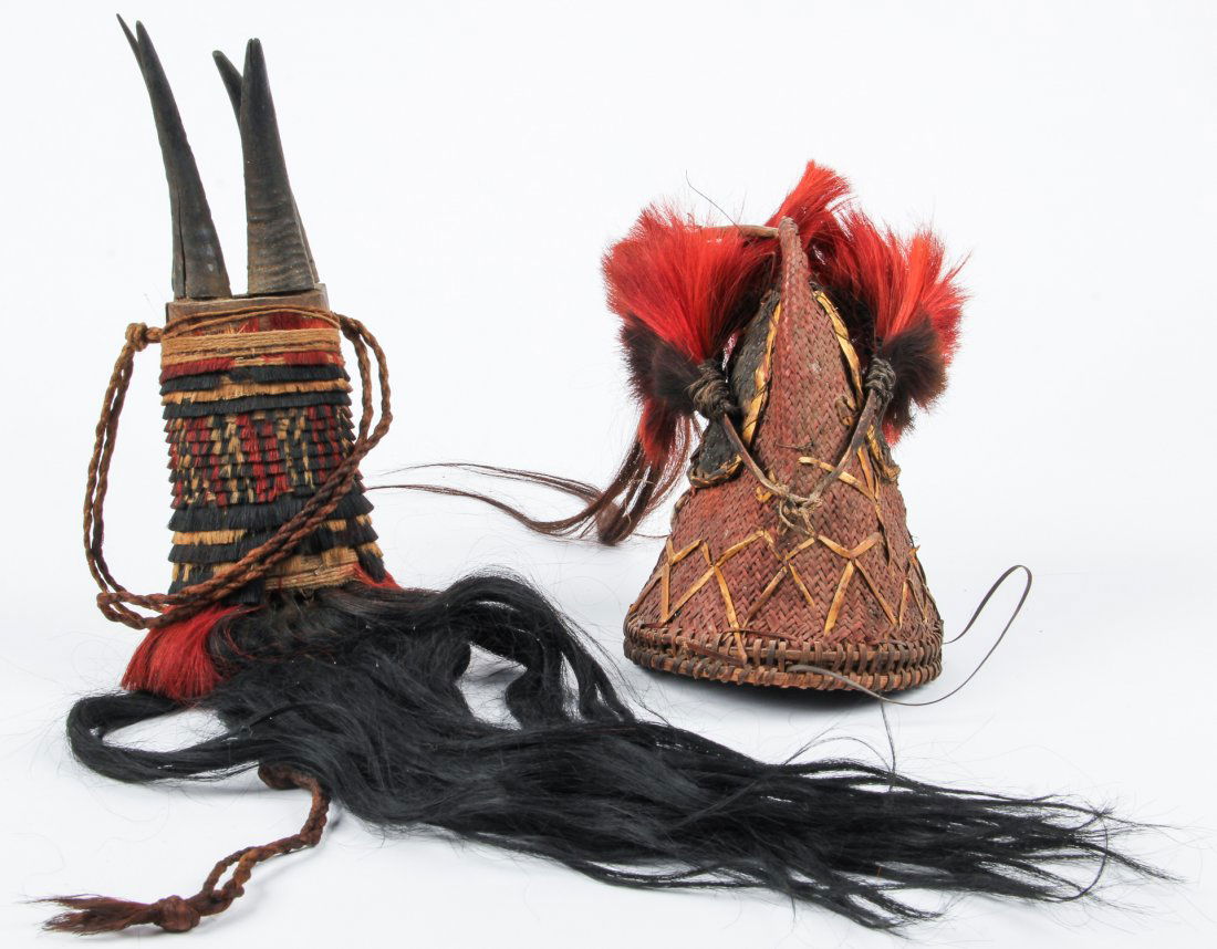 Naga, India, Fetish and Hunter's Hat: Naga, India, Fetish and Hunter's Hat, Plaited Basketry, Hair Tuffs, Tusks and Teeth. Largest Size: 14" x 4" x 4" (36 x 10 x 10 cm). Provenance: private Montreal collection.