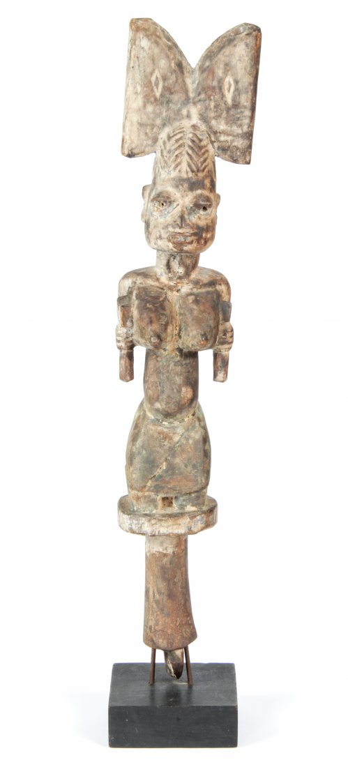 Yoruba Shango Staff: Yoruba, with standing female form and double axe headdress. Condition: Surface wear as pictured, a few shrinkage cracks. Size w/ base: 22" x 4" x 4" (56 x 10 x 10 cm). Provenance: ex Kardas Collection