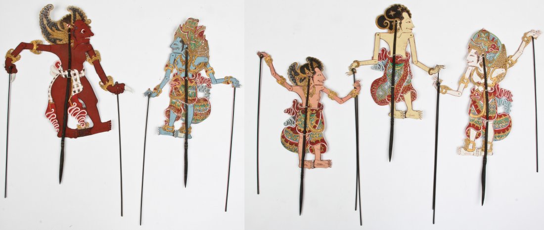 Indonesian Shadow (Wayang) Puppets: Indonesian Shadow (Wayang) Puppets. Largest Size: 15" x 17" x 0.5" (38 x 43 x 1 cm). Provenance: private Montreal collection.