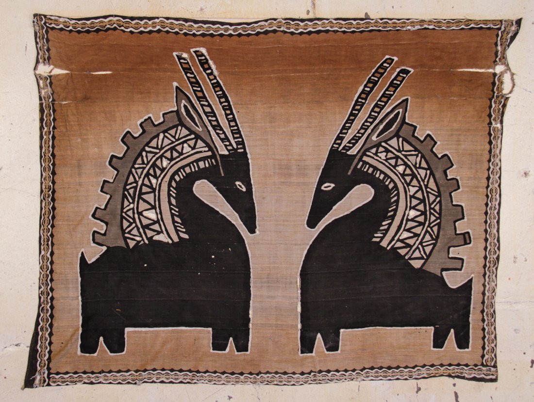 West African Pictorial Cloth: West African Pictorial Wax Resist Cloth, mid 20th c, collected in Mali in the 1980's; narrow strip loom, natural dyes, hand spun cotton panels sewn together; splits, fraying. Size: 98" x 75" (249 x 19
