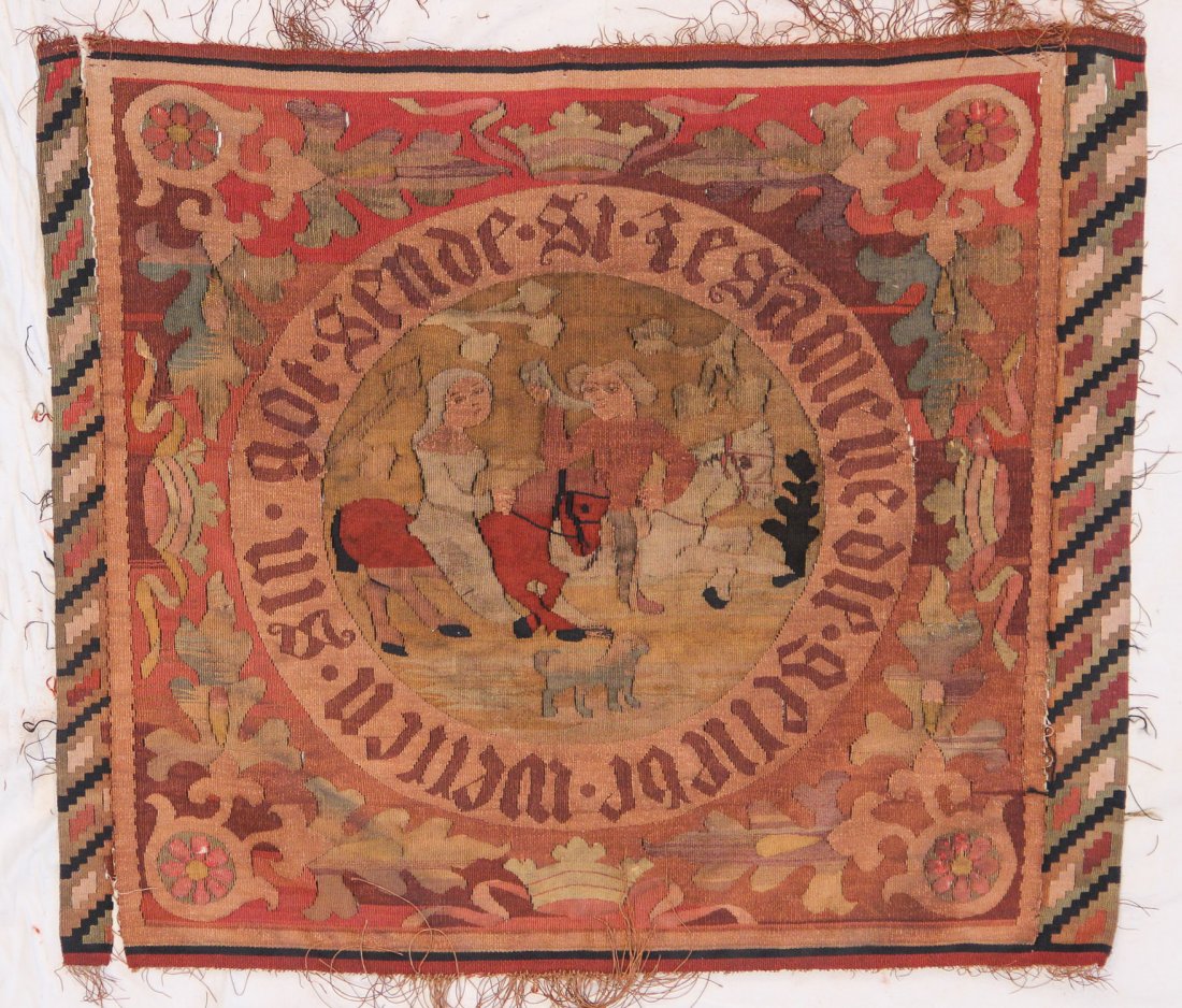 Fine Scandinavian Arts and Crafts Tapestry: Fine Scandinavian Arts and Crafts Tapestry, circa 1890-1910; wool, silk, inscription with four crowns; splits, fraying, fragile. Size: 2'1" x 2'6" (64 x 76 cm). Provenance: Philadelphia estate.