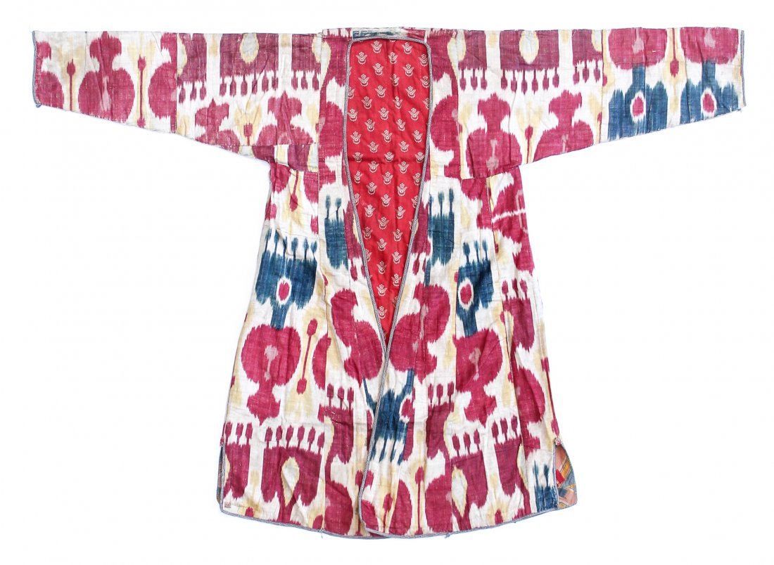 Central Asian Silk Ikat Robe: Central Asian Silk Ikat Robe, Uzbekistan, 19th Century, lined with printed Russian trade cloth. Size: 69.5" x 49" (177 x 125 cm). Private New Jersey collection.