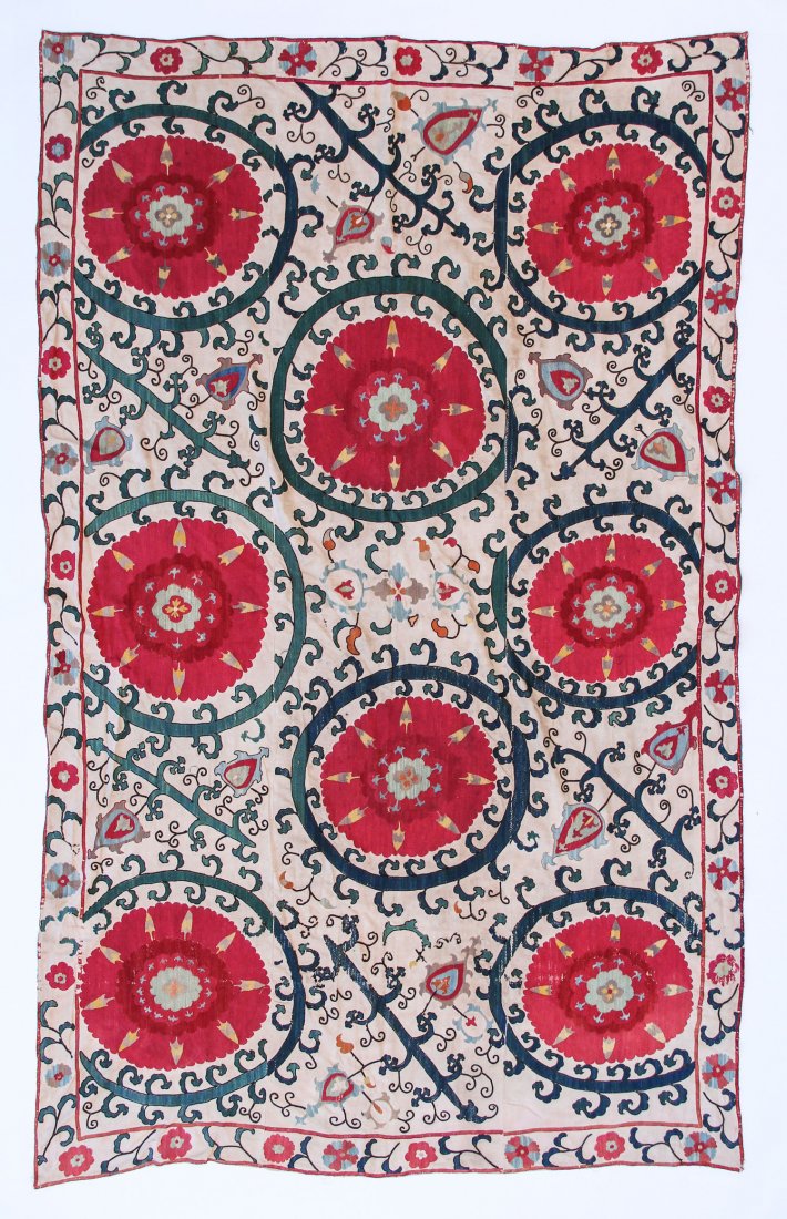 19th C. Central Asian Suzani: 19th C. Central Asian Suzani, silk, cotton. Size: 57" x 87" (145 x 221 cm).