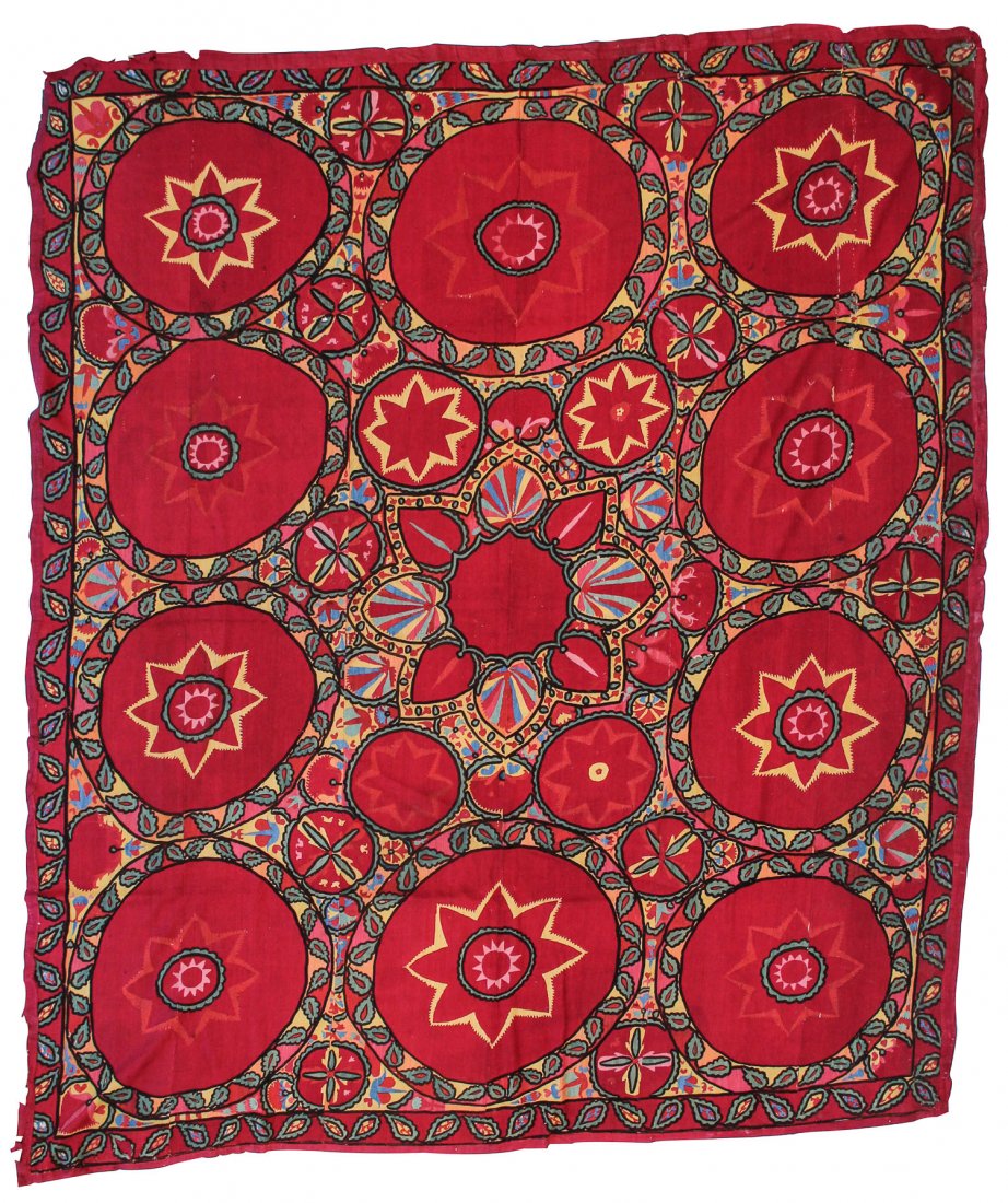 19th C. Central Asian Suzani: 19th C. Central Asian Suzani, silk, cotton. Size: 93" x 81" (237 x 206 cm).