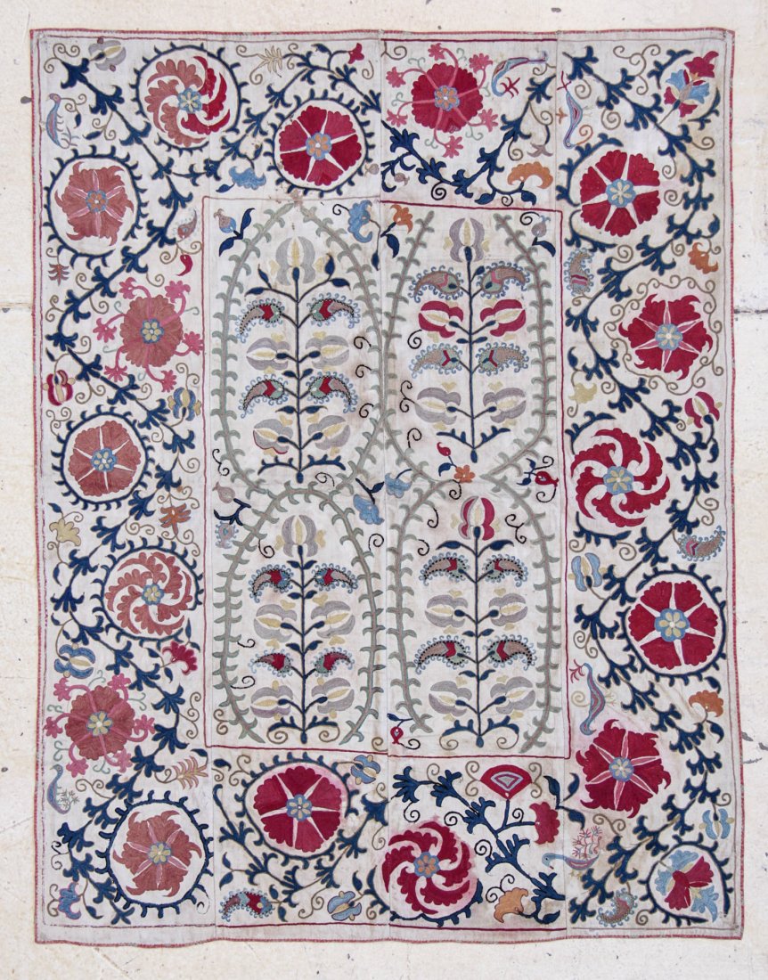 Central Asian Suzani: Central Asian Suzani, circa 1900-1920; silk, cotton. Size: 4'2" x 5'3" (127 x 160 cm).