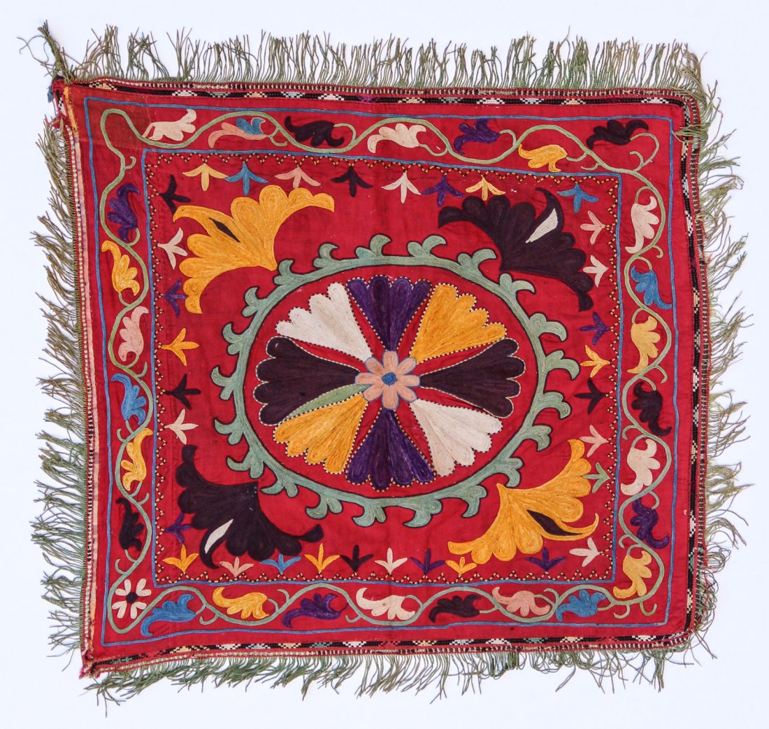 Central Asian Lakai Embroidery: Central Asian Lakai Embroidery, circa 1900, silk, wool, cotton. Size: 30" x 31" (77 x 79 cm).