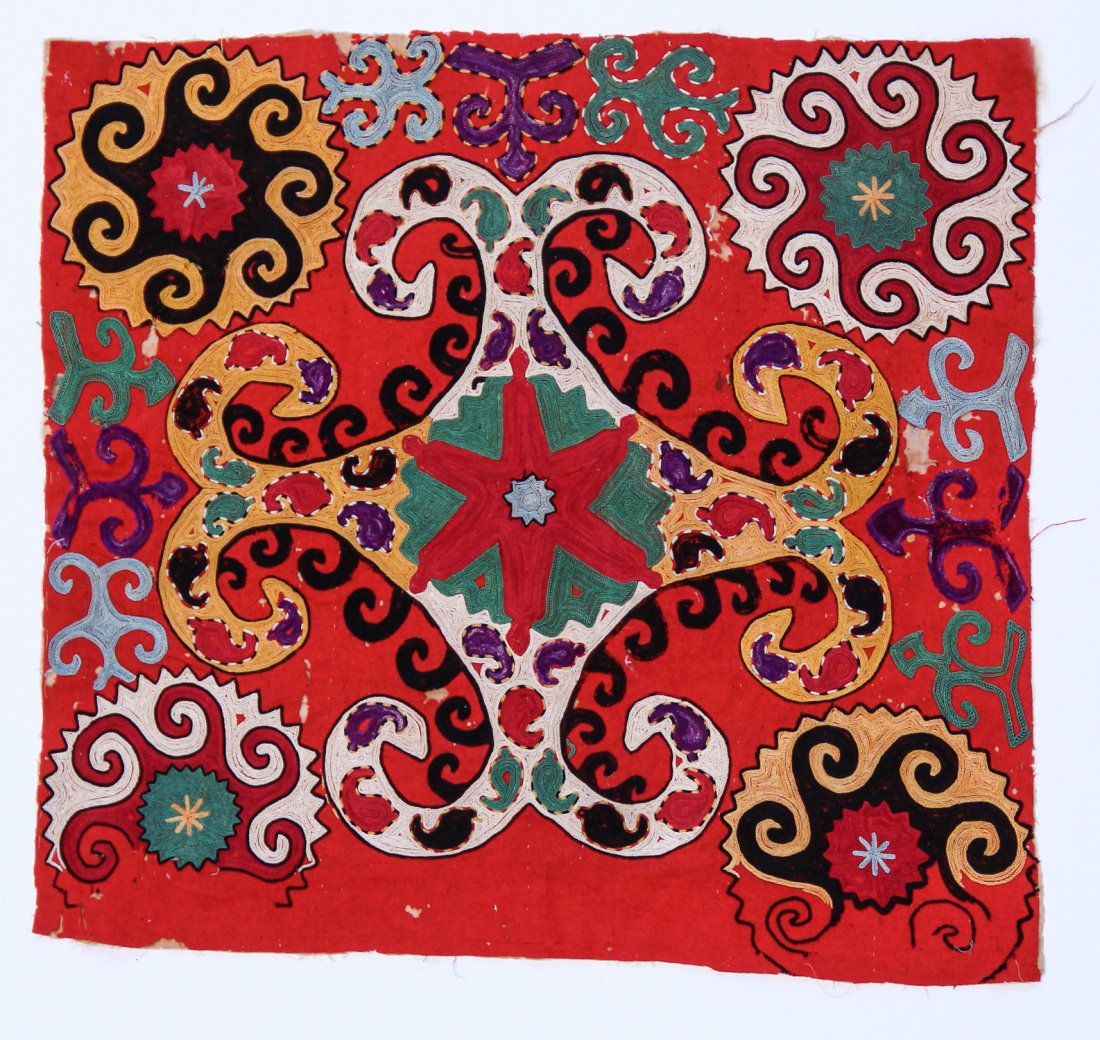 Central Asian Lakai Embroidery: Central Asian Lakai Embroidery, late 19th c, silk, wool, cotton. Size: 32" x 31.5" (82 x 80 cm).