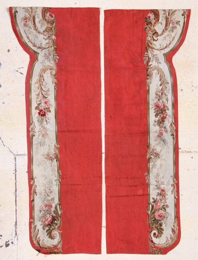 Two 19th C. Aubusson Drapes: Two Aubusson Drapes, France, 19th c. Each: 2'9" x 7'5" (84 x 226 cm). Provenance: gentleman in San Francisco.