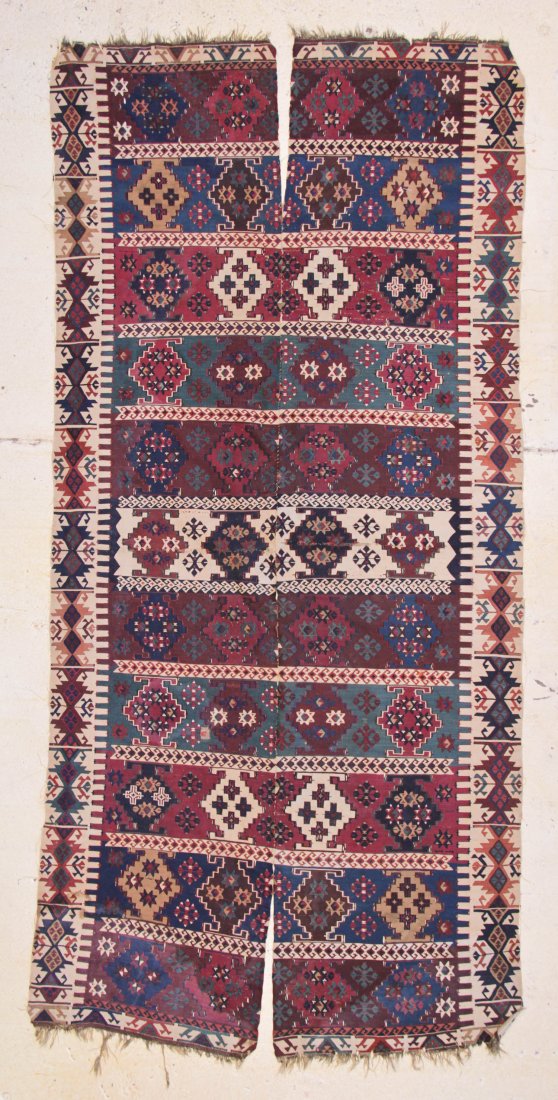 Reyhanli Kilim: Reyhanli Kilim, Turkey, 19th c; wool, cotton highlights, woven in two panels. Size: 5'10" x 10'10" (178 x 330 cm).