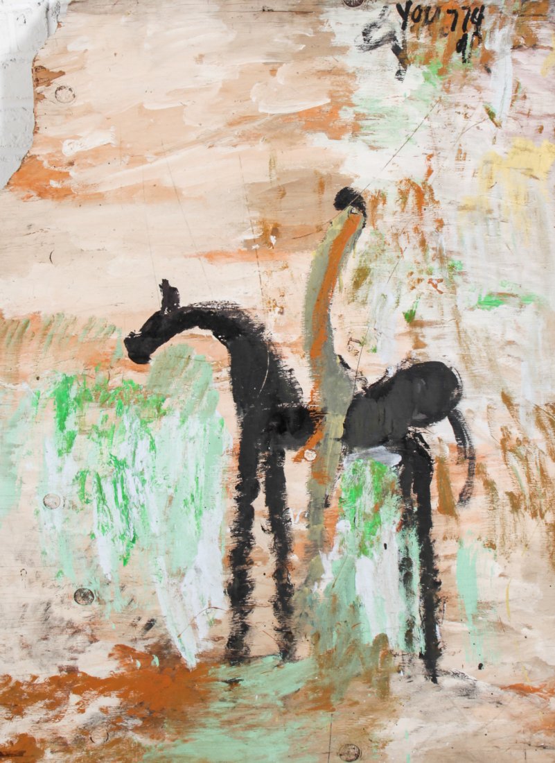 Purvis Young (USA, 1943-2010), Untitled: Purvis Young (USA, 1943-2010), Untitled, 1990's, mixed media; enamel on plywood. Size: 48" x 36". From the Overtown section of Miami, Florida, Young is famous for blending the African American experie