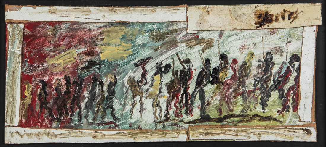 Purvis Young (USA, 1943-2010), Untitled: Purvis Young (USA, 1943-2010), Untitled. Size: 16" x 36.5", 41 x 93 cm (Irregular sight), 18.5" x 39.5" x 2" , 47 x 101 x 5 cm (Frame). Featured in "Purvis of Overtown" documentary. From the Overtown 