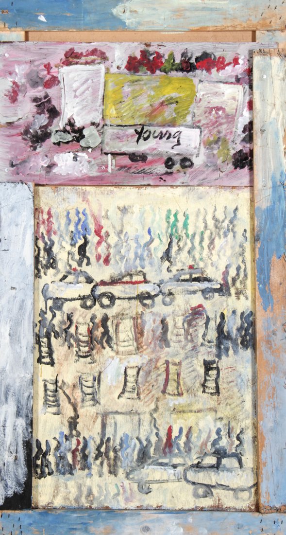 Purvis Young (USA, 1943-2010), Untitled: Purvis Young (USA, 1943-2010), Untitled, mixed media assemblage; paint, wood. Size: 57" x 31". From the Overtown section of Miami, Florida, Young is famous for blending the African American experience