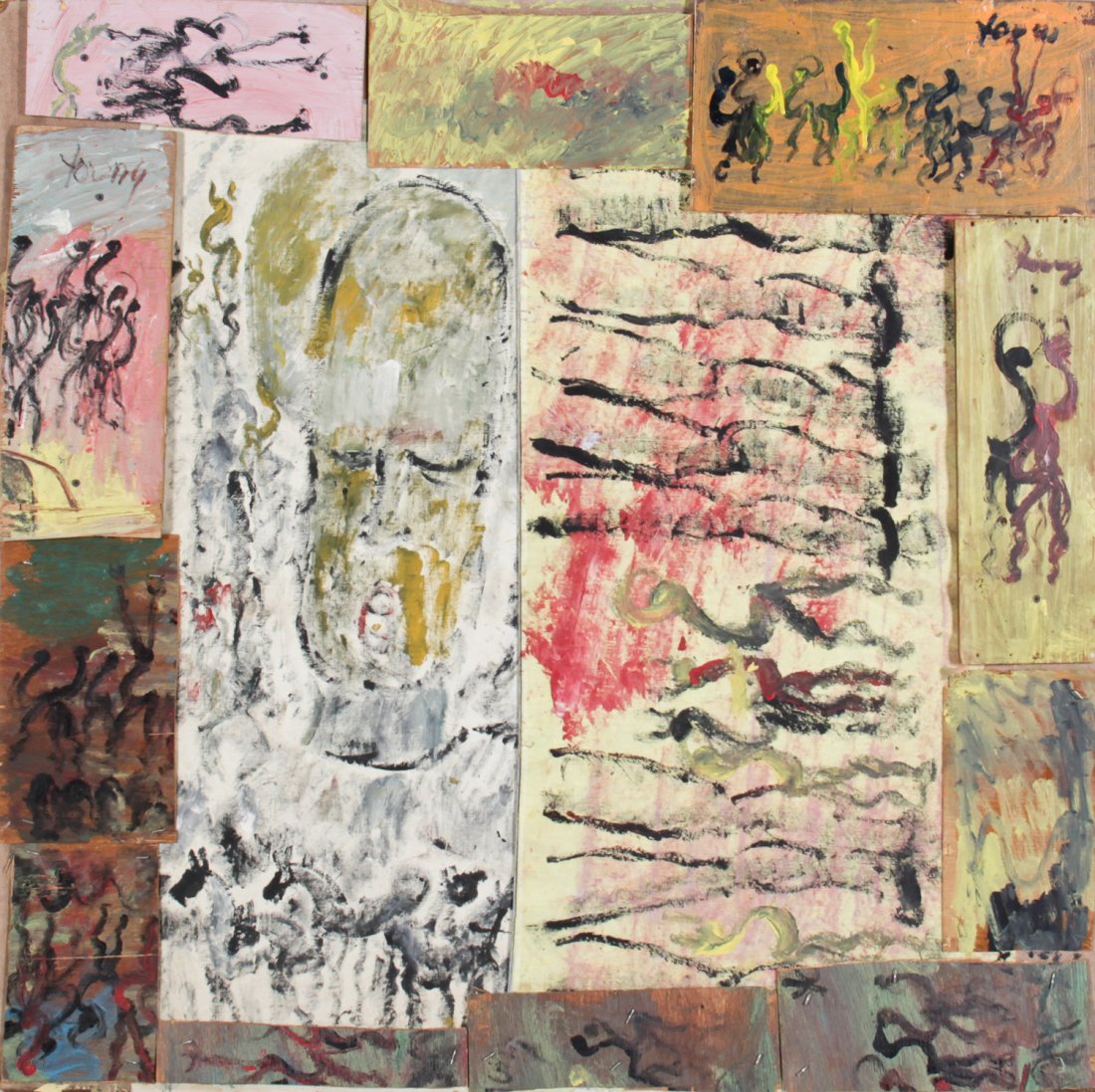 Purvis Young (USA, 1943-2010), Untitled: Purvis Young (USA, 1943-2010), Untitled, mixed media assemblage; paint, wood. Size: 47" x 47". From the Overtown section of Miami, Florida, Young is famous for blending the African American experience