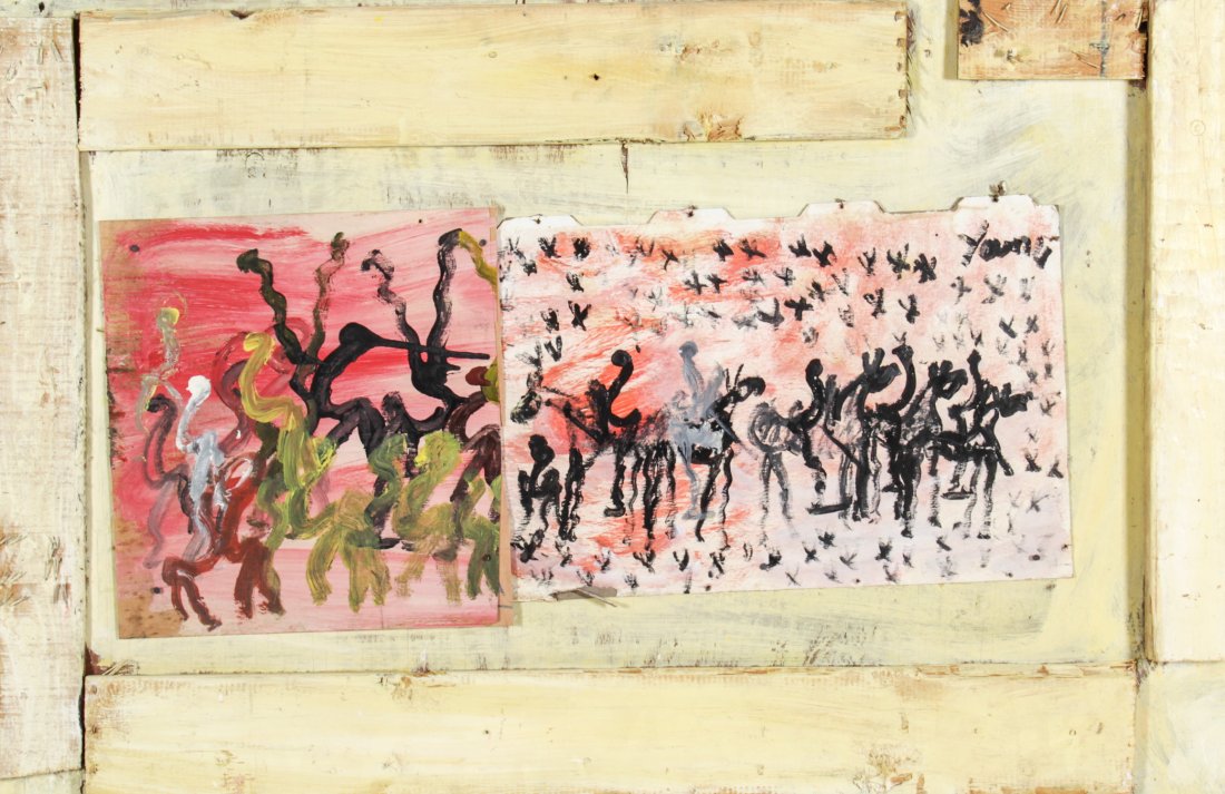 Purvis Young (USA, 1943-2010), Painting: Purvis Young (USA, 1943-2010), Painting, Untitled, mixed media assemblage; paint, wood. Size: 32" x 49". From the Overtown section of Miami, Florida, Young is famous for blending the African American 