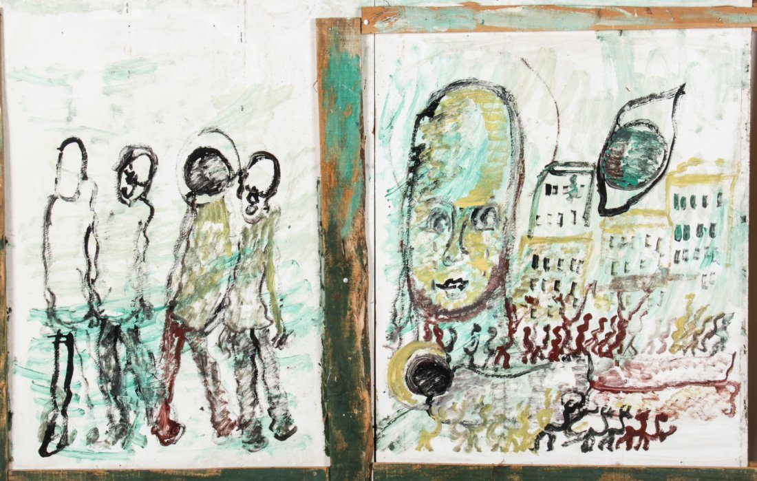 Purvis Young (USA, 1943-2010), Untitled: Purvis Young (USA, 1943-2010), Untitled, mixed media assemblage; paint, wood. Size: 42" x 71". From the Overtown section of Miami, Florida, Young is famous for blending the African American experience