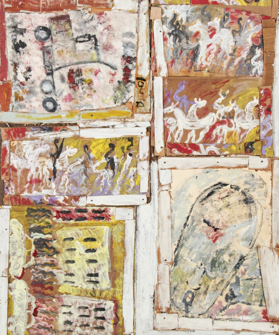 Purvis Young (USA, 1943-2010), Untitled: Purvis Young (USA, 1943-2010), Untitled, mixed media assemblage; enamel on fabric, plywood, and masonite. Size: 59" x 48". From the Overtown section of Miami, Florida, Young is famous for blending the