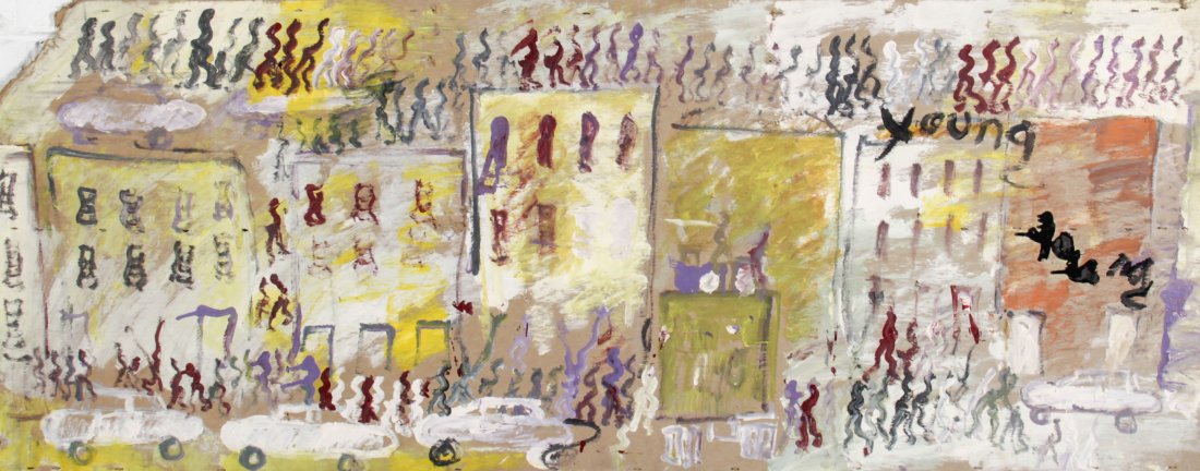Purvis Young (USA, 1943-2010), Untitled: Purvis Young (USA, 1943-2010), Untitled, mixed media. Size: 26" x 65". From the Overtown section of Miami, Florida, Young is famous for blending the African American experience in the South with his p