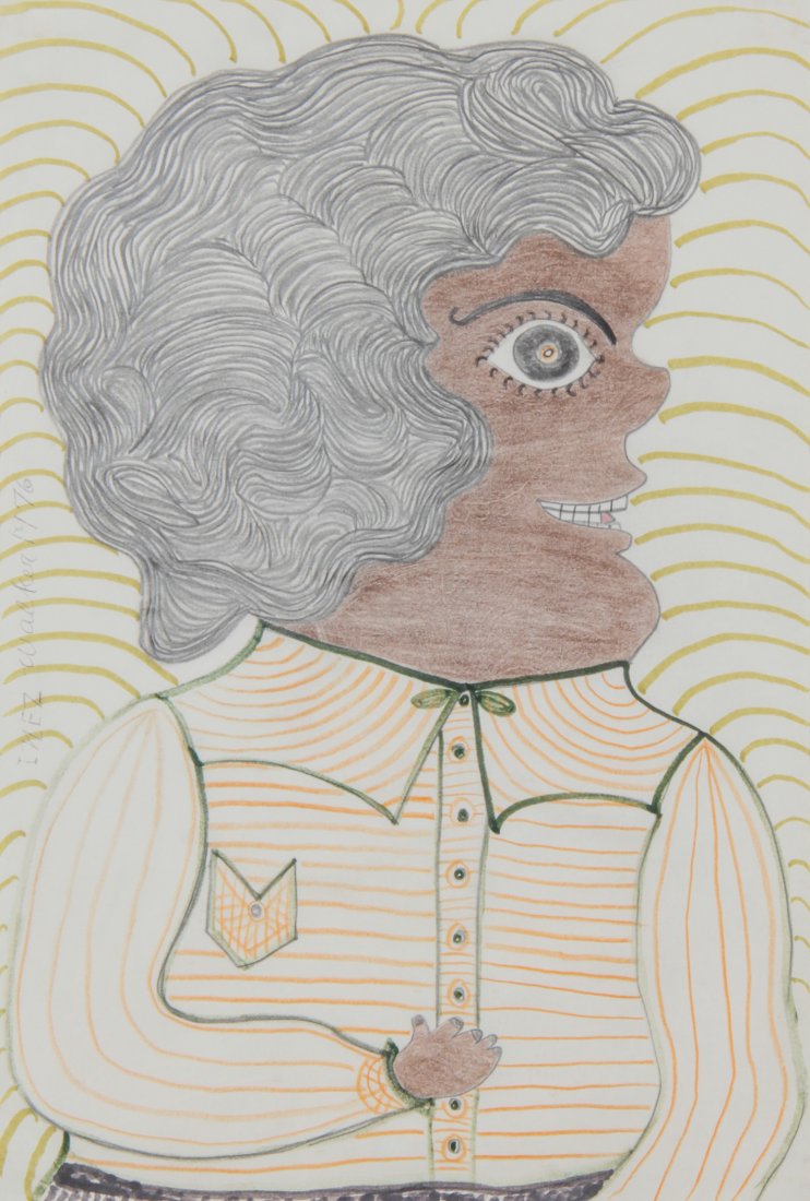 Inez Walker (USA, 1911-1990), "Bad Girl": Inez Walker (USA, 1911-1990), "Bad Girl", 1976. Mixed media on paper, signed and dated, float mounted in a metal frame, under glass. Size: 17.75" x 12" (sight), 22.5" x 16.5" (frame).
