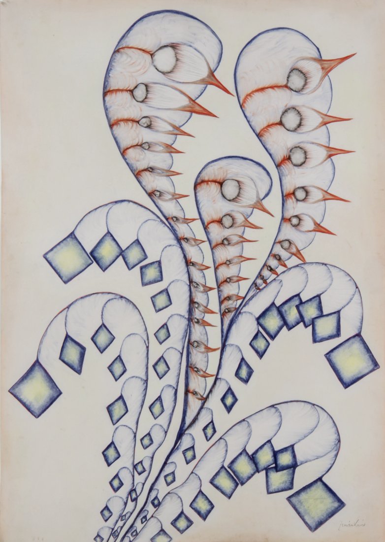 Anna Zemankova (Czech,1908-1986), "Trepetalky": Anna Zemankova (Czech,1908-1986), "Trepetalky", 1966, oil pastel on paper, under glass in a wood frame, signed lower right recto. Size: 34.75" x 24.5" (sheet), 28" x 38" (frame). Anna Zemankova (190