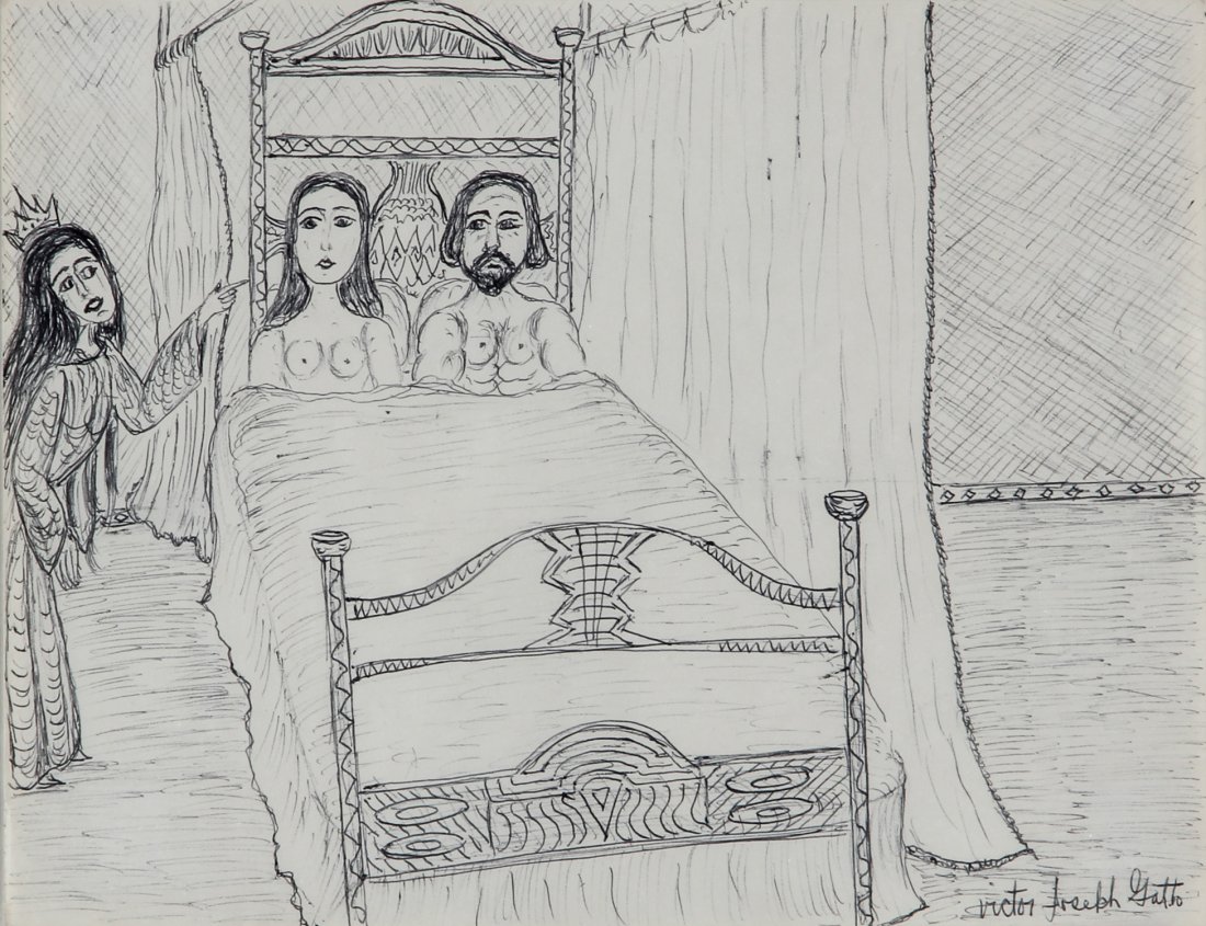Victor Joseph Gatto (USA,1890-1965), "Two in Bed with: Victor Joseph Gatto (USA,1890-1965), "Two in Bed with Fairy Godmother", ink on paper. Size: 8.5" x 11" , 22 x 28 cm (sheet), 15" x 19" , 39 x 49 cm (frame). Victor Joseph Gatto (1893–1965) was born 