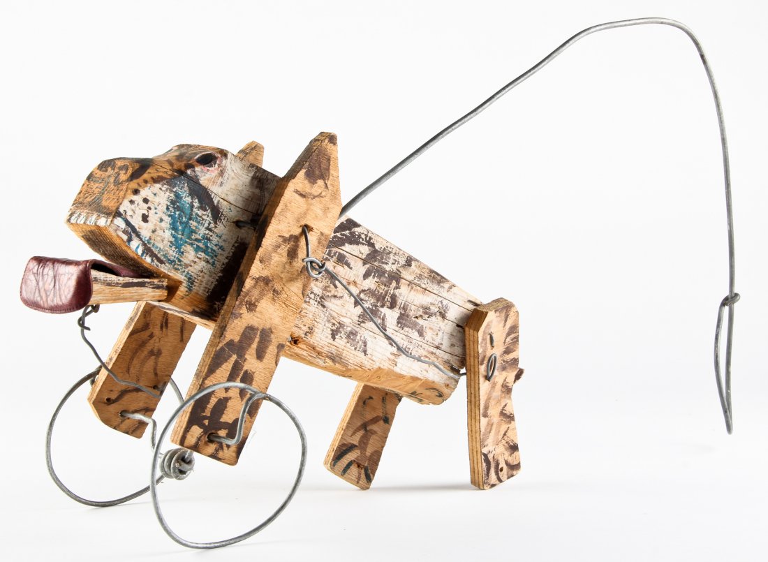 Roland Roure (French, b. 1940), Kinetic Sculpture: Roland Roure (French, b. 1940), Kinetic Sculpture of a Leopard with a leather tongue, c. 1990s. Size: 11" x 7" x 24".