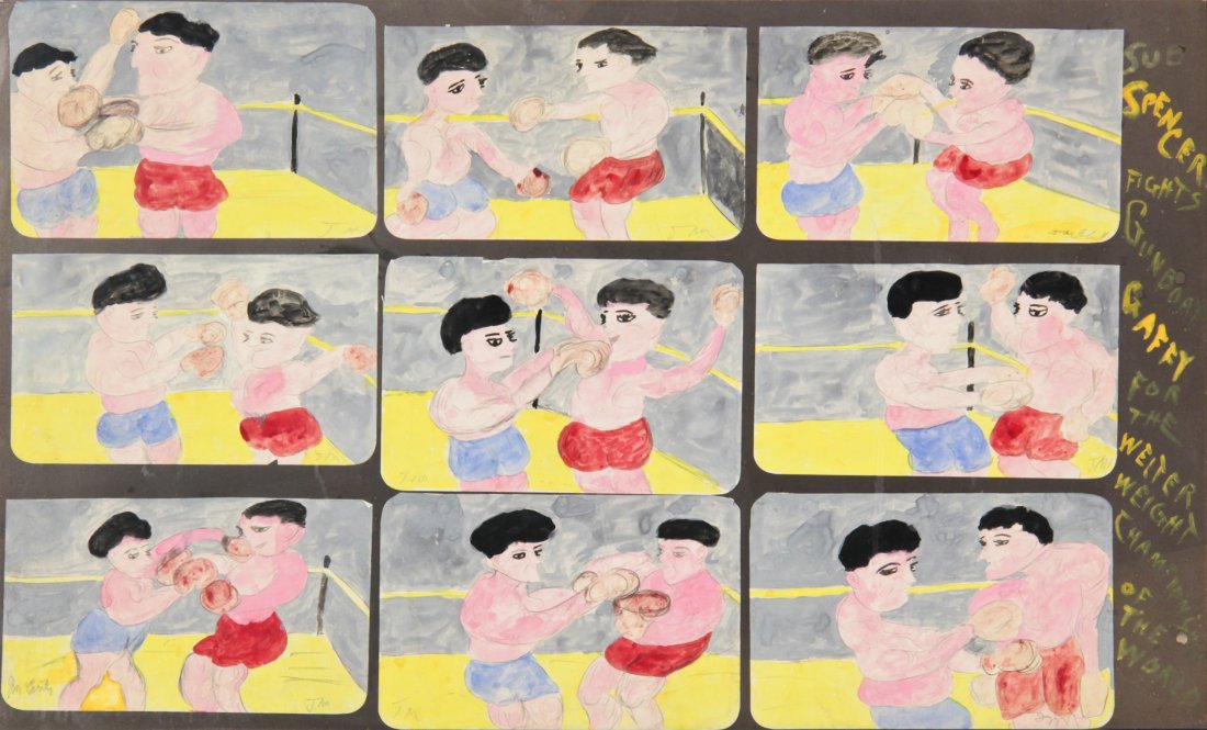 Justin McCarthy (USA, 1892-1977), "Sub Spencer, Fights: Justin McCarthy (USA, 1892-1977), "Sub Spencer, Fights Gunboat Gaffy for the Welter Weight Championship of the World", mixed media on paper, signed and/or initialed on the individual drawings, in a wo