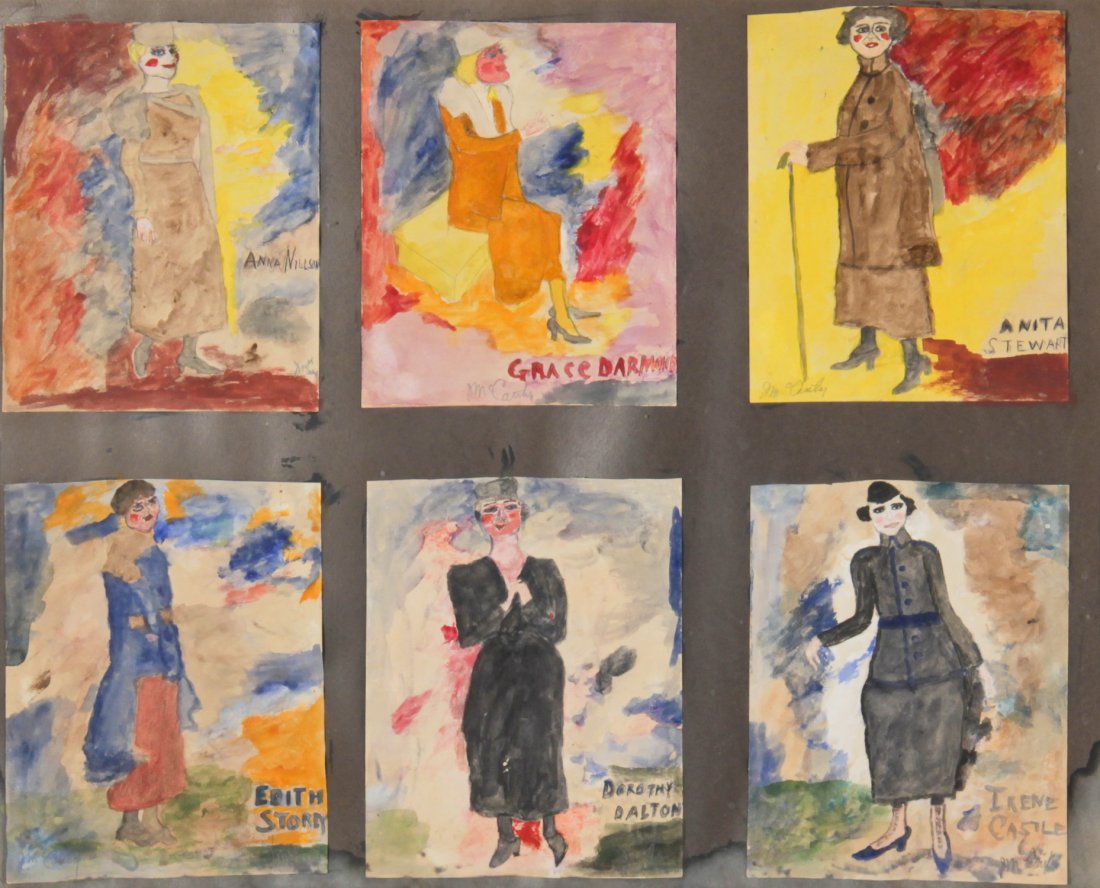 Justin McCarthy (USA, 1892-1977), 6 Women; "Anna: Justin McCarthy (USA, 1892-1977), 6 Women; "Anna Nillson, Grace Darmond, Anita Stewart, Edith Storey, Dorothy Dalton, & Irene Castle", mixed media on paper, in a wood frame, under glass. Size: 22" x 2