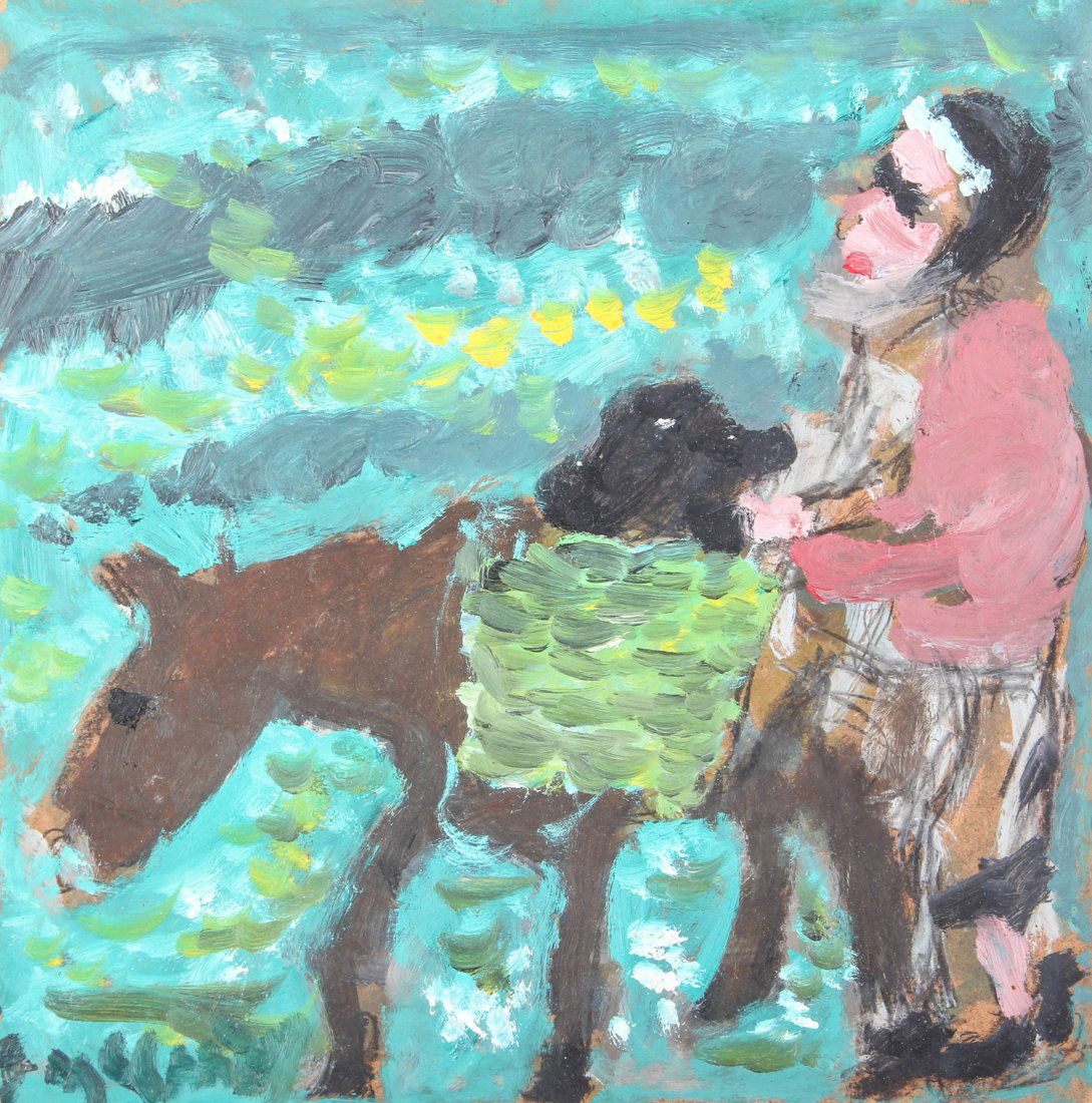 Justin McCarthy (USA, 1892-1977), "Woman & Donkey": Justin McCarthy (USA, 1892-1977), "Woman & Donkey", oil on board, signed. Size: 12" x 12". This auction showcases works by self-taught artist Justin McCarthy (1892-1977), native of Pennsylvania, who