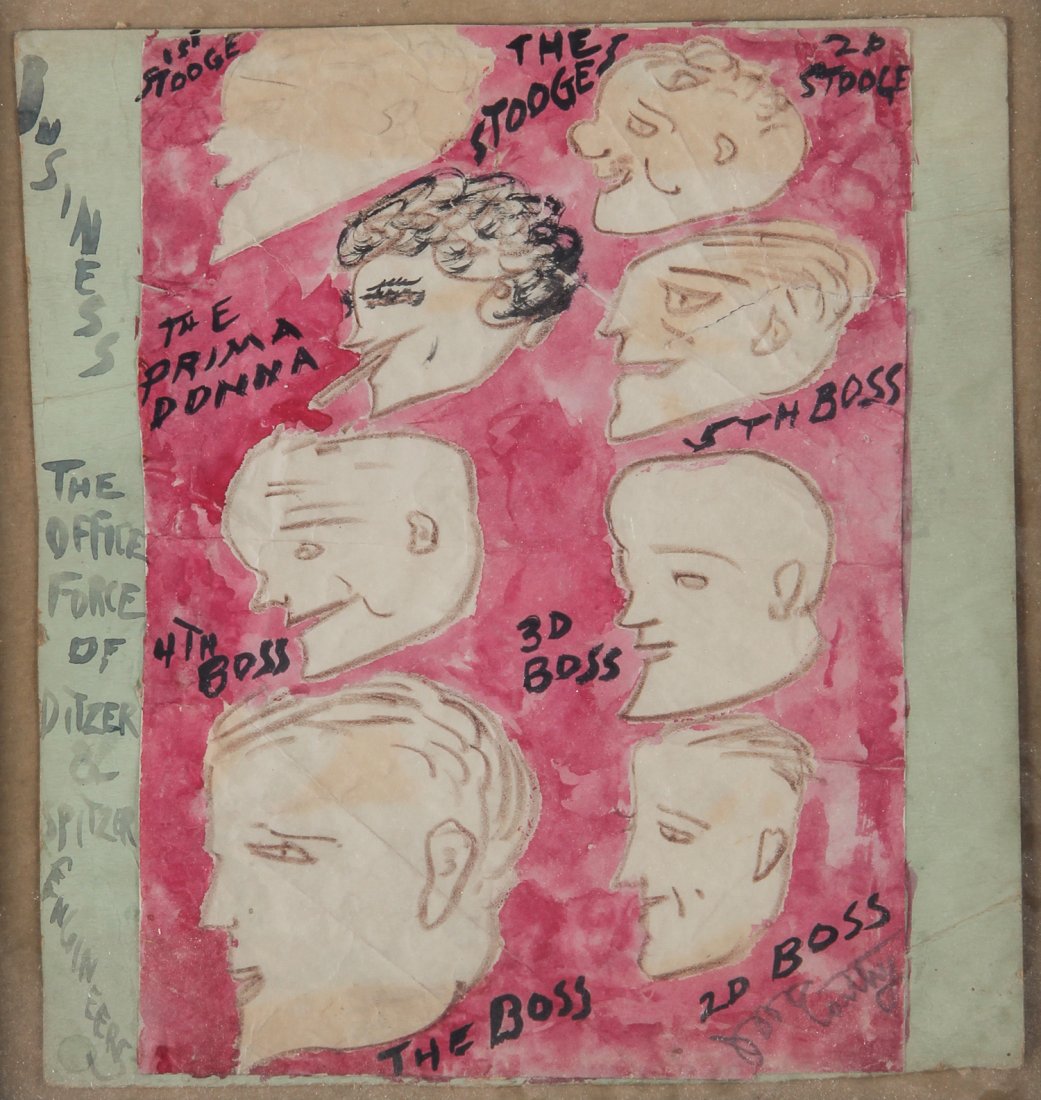 Justin McCarthy (USA, 1892-1977), "Bosses": Justin McCarthy (USA, 1892-1977), "Bosses", mixed media on paper. Size: 11" x 10" , 28 x 26 cm (sheet), 13" x 13" , 33 x 33 cm (frame). This auction showcases works by self-taught artist Justin McCa