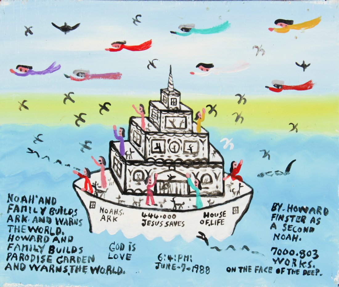 Howard Finster (USA, 1916-2001), "Noah's Arc": Howard Finster (American, 1916-2001), "Noah's Arc", mounted in a wood frame. Signed, dated and numbered. #7,803. Date: June 7, 1988 6:41 PM. Size: 10" x 12" (board), 13" x 15" (frame). Howard Finster 