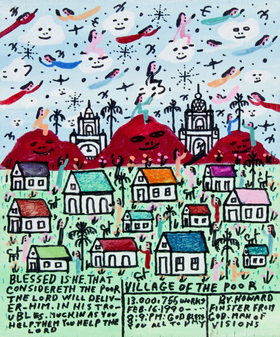 Howard Finster (USA, 1916-2001), "Village of the Poor": Howard Finster (American, 1916-2001), "Village of the Poor". Mixed Media on wood board. Signed, dated and numbered. #13,755. Date: February 16, 1990 8:9:PM". Size: 10" x 8" (board). Howard Finster (19