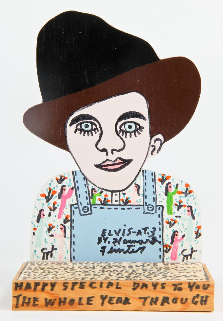 Howard Finster (USA, 1916-2001), "Elvis at 3": Howard Finster (American, 1916-2001), "Elvis at 3", paint on cutout board. Signed, dated and numbered. #28,566, Date: March 15, 1993. Size: 8" x 6" x 4". Howard Finster (1916-2001) may be one of the b