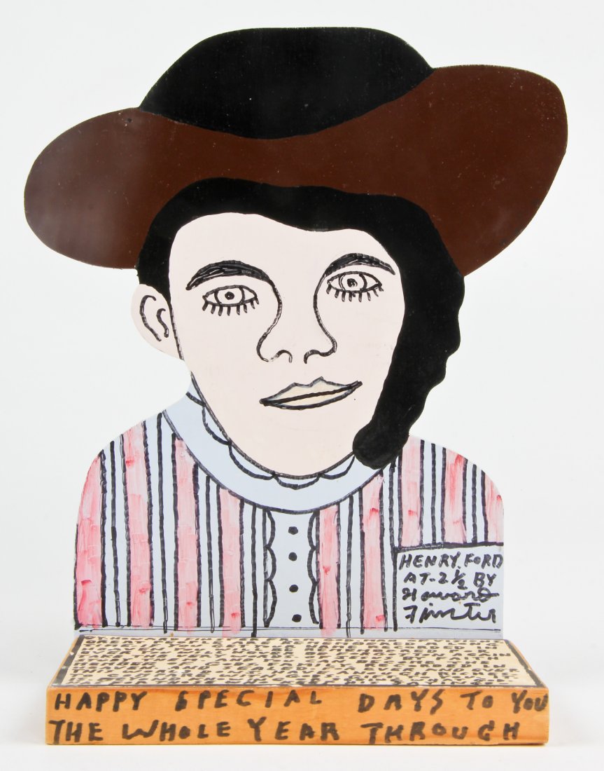 Howard Finster (USA, 1916-2001), "Cut Out Henry Ford": Howard Finster (American, 1916-2001), "Cut Out Henry Ford", paint on cutout board. Signed, dated and numbered. #28,289. Date: February 24, 1993. Size: 10.5" x 9" x 4". Howard Finster (1916-2001) may b