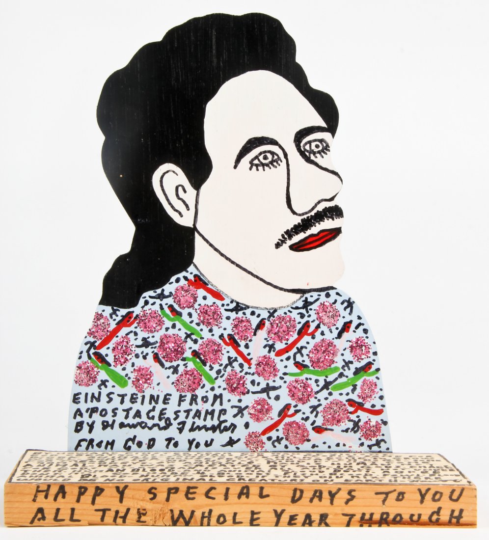 Howard Finster (USA, 1916-2001), "Cut Out Albert: Howard Finster (American, 1916-2001), "Cut Out Albert Einstein", paint on cutout board. Signed, dated and numbered. #28,729. Date: March 25, 1993. Size: 11" x 9" x 4". Howard Finster (1916-2001) may b
