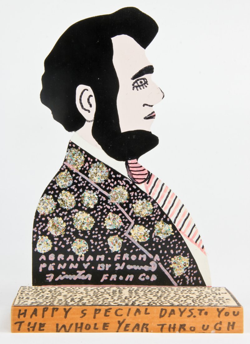 Howard Finster (USA, 1916-2001), "Cut Out Abraham: Howard Finster (American, 1916-2001), "Cut Out Abraham Lincoln", paint on cutout board. Signed, dated and numbered. #28,487. Date: March 11, 1993. Size: 11" x 7" x 4". Howard Finster (1916-2001) may b