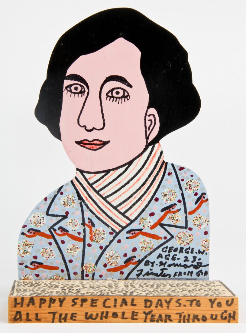 Howard Finster (USA, 1916-2001), "Cut Out George: Howard Finster (American, 1916-2001), "Cut Out George Washington", paint on cutout board. Signed, dated and numbered. #28,151. Date: February 13, 1993. Size: 11" x 7" x 4". Howard Finster (1916-2001) 