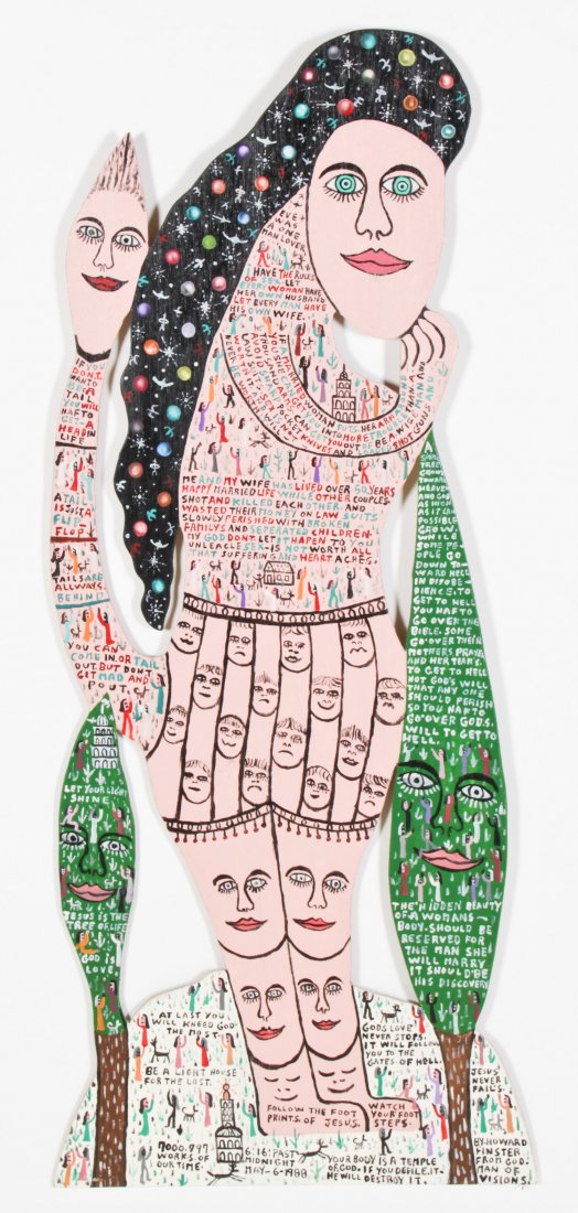 Howard Finster (USA, 1916-2001), "Cow Woman": Howard Finster (USA, 1916-2001), "Cow Woman", paint on cutout board. Signed, dated and numbered. #7,797, Date: June 6, 1988. Size: 47.5" x 20". Howard Finster (1916-2001) may be one of the best known 