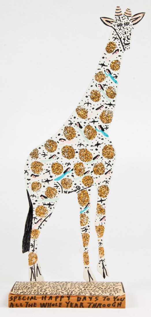 Howard Finster (USA, 1916-2001), "Cut Out Giraffe": Howard Finster (American, 1916-2001), "Cut Out Giraffe", paint on cutout board. Signed, dated and numbered. #28,395. Date: March 6, 1993. Size: 19" x 7" x 4". Howard Finster (1916-2001) may be one of 