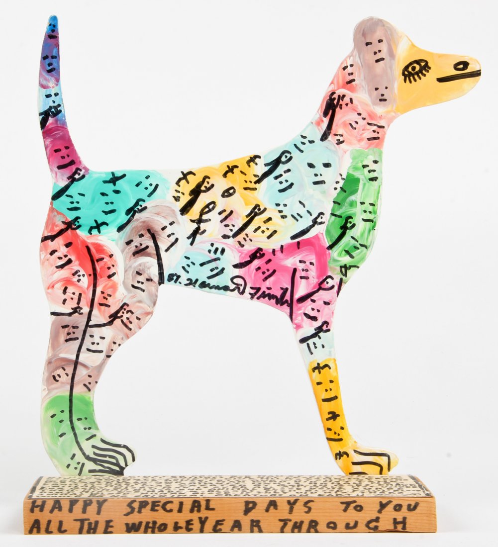 Howard Finster (USA, 1916-2001), "Cut Out Dog": Howard Finster (American, 1916-2001), "Cut Out Dog", paint on cutout board. Signed, dated and numbered. #27,973. Date: February 3, 1993. Size: 12" x 10" x 4". Howard Finster (1916-2001) may be one of 