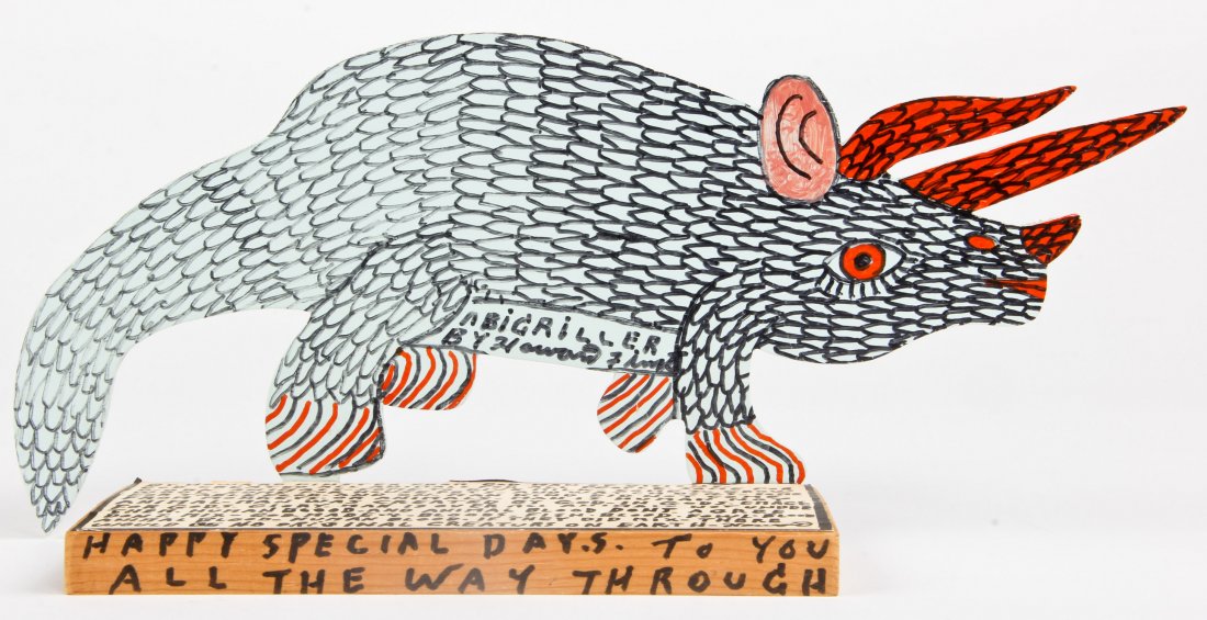 Howard Finster (USA, 1916-2001), "Cut Out Abagrilla": Howard Finster (American, 1916-2001), "Cut Out Abagrilla", paint on cutout board. Signed, dated and numbered. #27,249. Date: December 31, 1992. Size: 7" x 15" x 4". Howard Finster (1916-2001) may be o